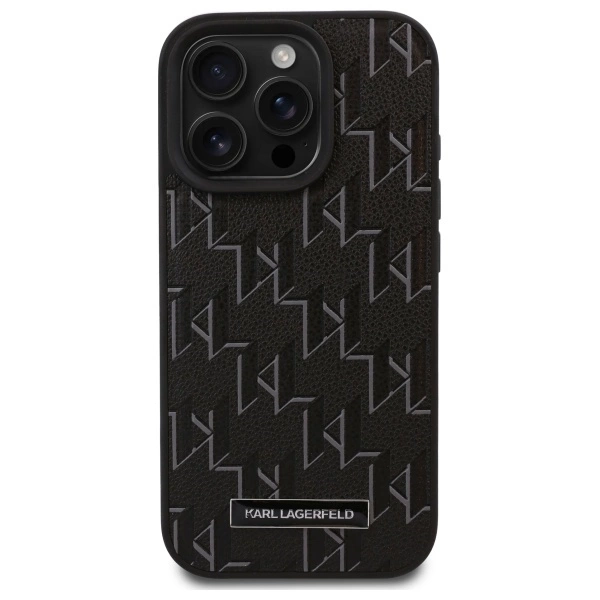 Karl Lagerfeld Leather Monogram Metal Logo MagSafe Case for iPhone 16 Pro Max - Blackeng