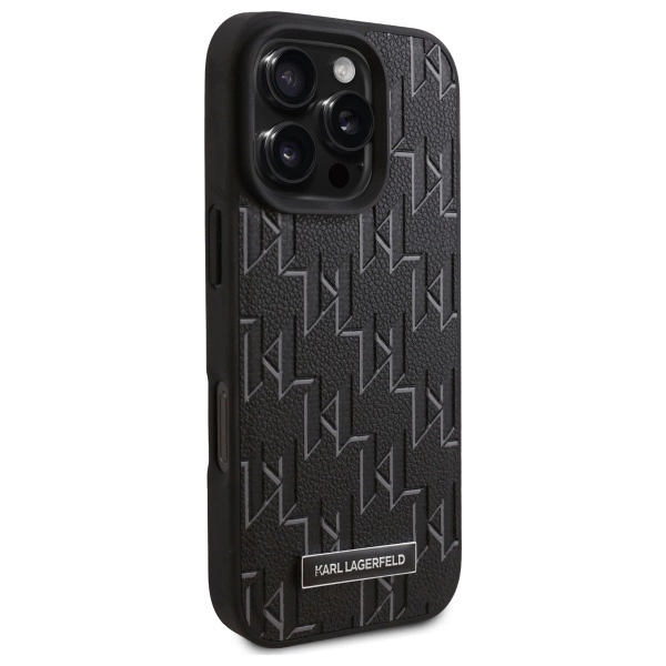 Karl Lagerfeld Leather Monogram Metal Logo MagSafe Case for iPhone 16 Pro Max - Blackeng