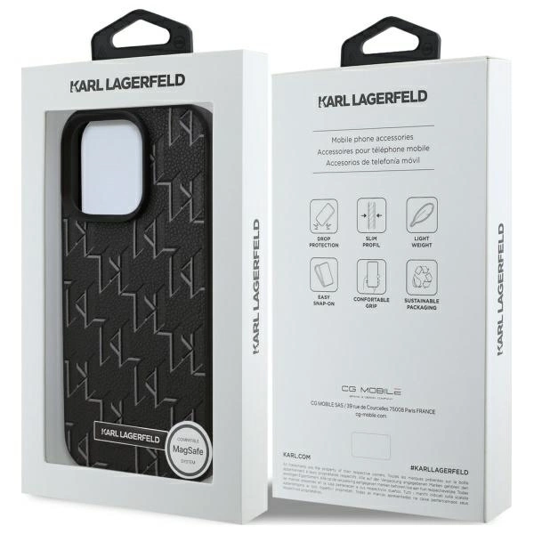 Karl Lagerfeld Leather Monogram Metal Logo MagSafe Case for iPhone 16 Pro Max - Blackeng