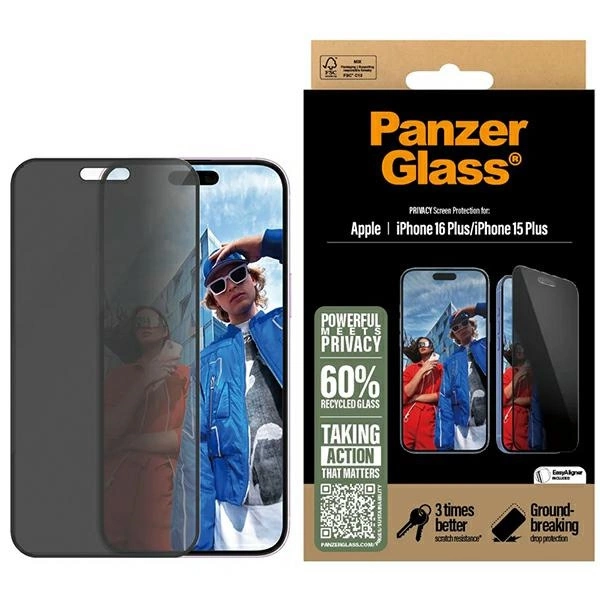 PanzerGlass Privacy Screen Protector iPhone 16 Plus 6.7" Ultra-Wide Fit P2863eng
