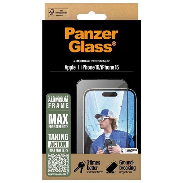 178025_4 PanzerGlass Screen Protector Aluminum Frame iPhone 16 6.1" Ultra-Wide Fit 2849eng