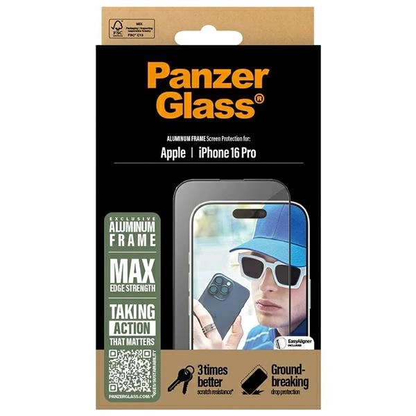 PanzerGlass Screen Protector Aluminum Frame iPhone 16 Pro 6.3" Ultra-Wide Fit 2850eng