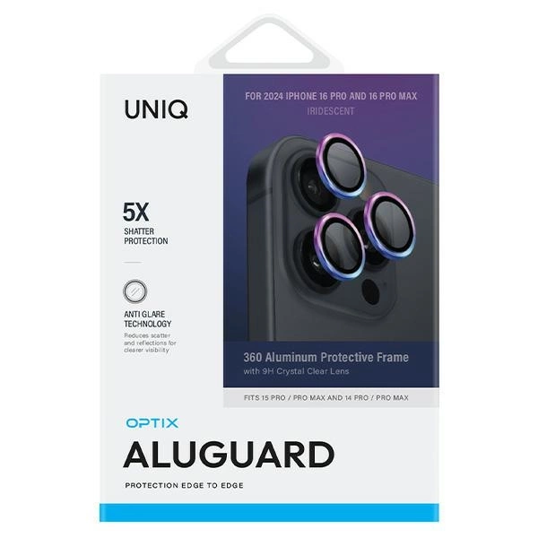 Uniq Optix Aluminum Camera Lens Protector iPhone 16 Pro 6.3" / 16 Pro Max 6.9" iridescent camera lens glass with applicatoreng
