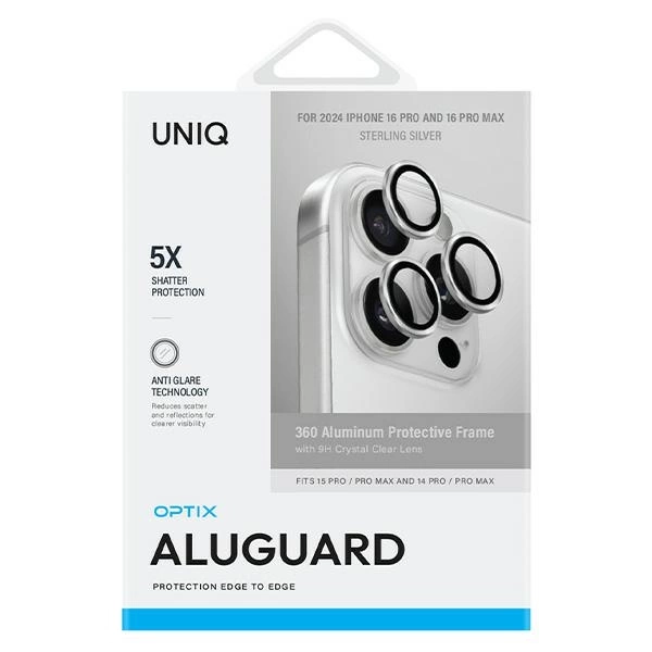 Uniq Optix Aluminum Camera Lens Protector iPhone 16 Pro 6.3" / 16 Pro Max 6.9" sterling silver camera lens glass with applicatoreng