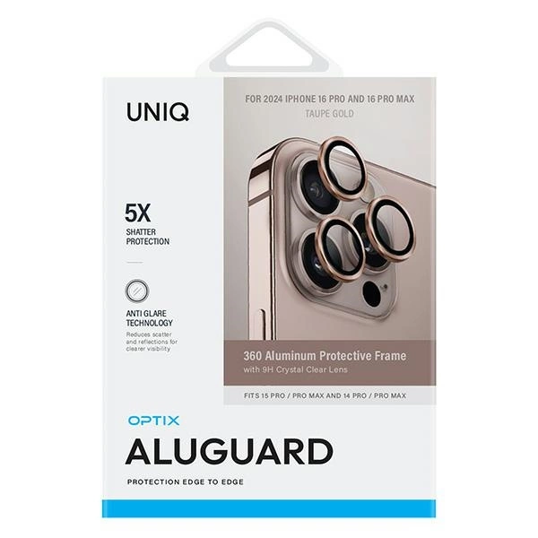 Uniq Optix Aluminum Camera Lens Protector iPhone 16 Pro 6.3" / 16 Pro Max 6.9" taupe gold camera lens glass with applicatoreng