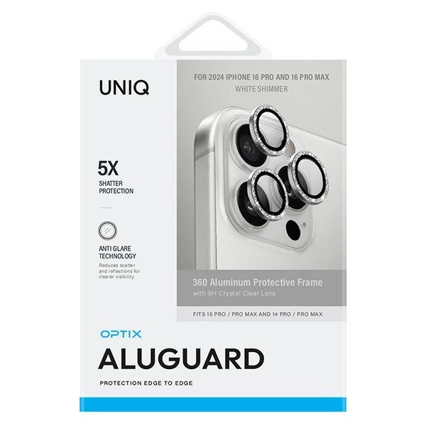 Uniq Optix Aluminum Camera Lens Protector iPhone 16 Pro 6.3" / 16 Pro Max 6.9" white shimmer camera lens glass with applicatoreng