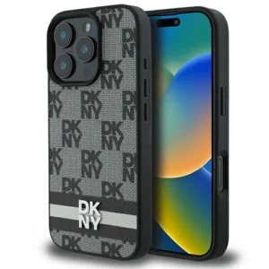 DKNY Checkered Pattern & Printed Stripes case for iPhone 16 Pro - blackeng