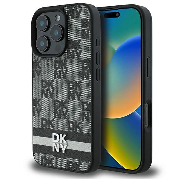 DKNY Checkered Pattern & Printed Stripes case for iPhone 16 Pro - blackeng