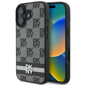 DKNY Checkered Pattern & Printed Stripes case for iPhone 16 - blackeng