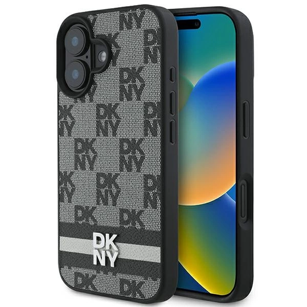 DKNY Checkered Pattern & Printed Stripes case for iPhone 16 - blackeng