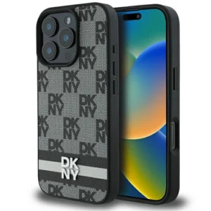 DKNY Checkered Pattern & Printed Stripes case for iPhone 16 Pro Max - blackeng