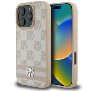DKNY Checkered Pattern & Printed Stripes iPhone 16 Pro Max Case - Pinkeng