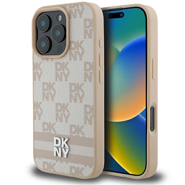 DKNY Checkered Pattern & Printed Stripes iPhone 16 Pro Max Case - Pinkeng