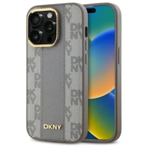 DKNY Leather Checkered Mono Pattern MagSafe iPhone 14 Pro Case - Beigeeng