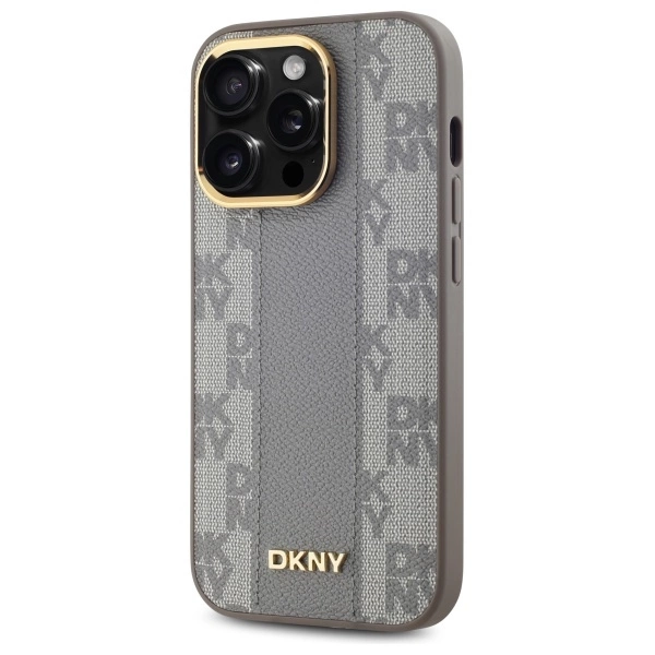 DKNY Leather Checkered Mono Pattern MagSafe iPhone 14 Pro Case - Beigeeng