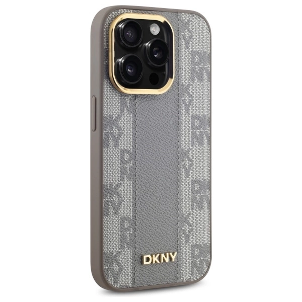 DKNY Leather Checkered Mono Pattern MagSafe iPhone 14 Pro Case - Beigeeng