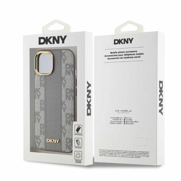 DKNY Leather Checkered Mono Pattern MagSafe iPhone 14 Case - Beigeeng