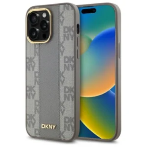 DKNY Leather Checkered Mono Pattern MagSafe iPhone 14 Pro Max Case - Beigeeng