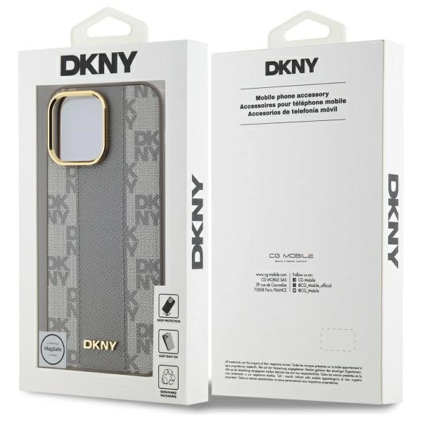 DKNY Leather Checkered Mono Pattern MagSafe iPhone 14 Pro Max Case - Beigeeng