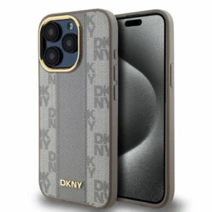 DKNY Leather Checkered Mono Pattern MagSafe iPhone 15 Pro Case - Beigeeng