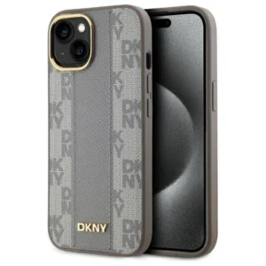 DKNY Leather Checkered Mono Pattern MagSafe iPhone 15 Plus Case - Beigeeng