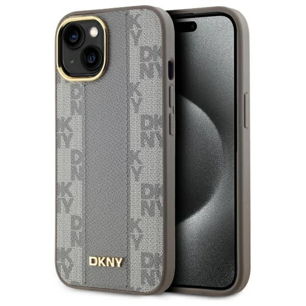 DKNY Leather Checkered Mono Pattern MagSafe iPhone 15 Plus Case - Beigeeng