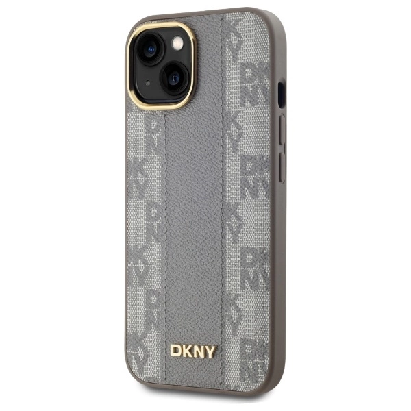 DKNY Leather Checkered Mono Pattern MagSafe iPhone 15 Plus Case - Beigeeng