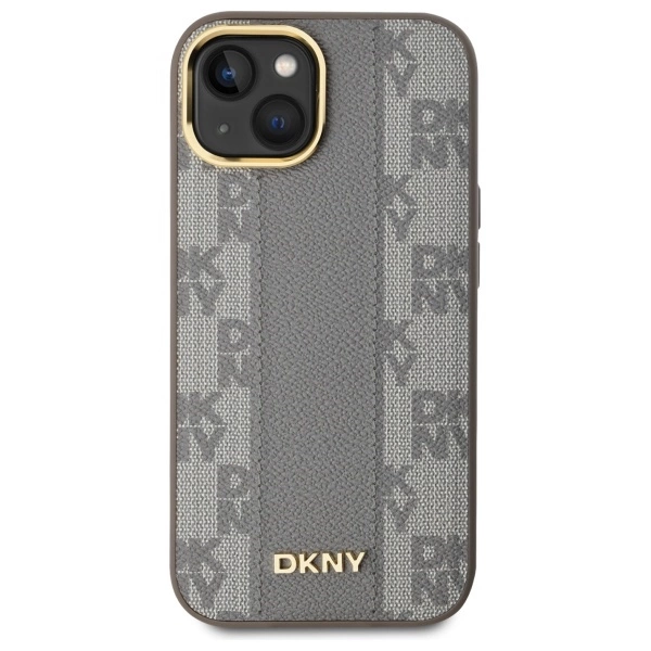 DKNY Leather Checkered Mono Pattern MagSafe iPhone 15 Plus Case - Beigeeng