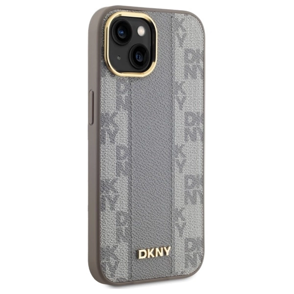 DKNY Leather Checkered Mono Pattern MagSafe iPhone 15 Plus Case - Beigeeng