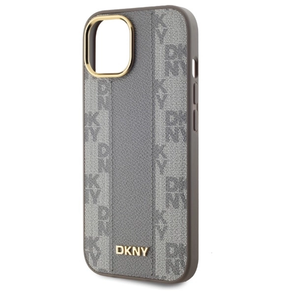 DKNY Leather Checkered Mono Pattern MagSafe iPhone 15 Plus Case - Beigeeng