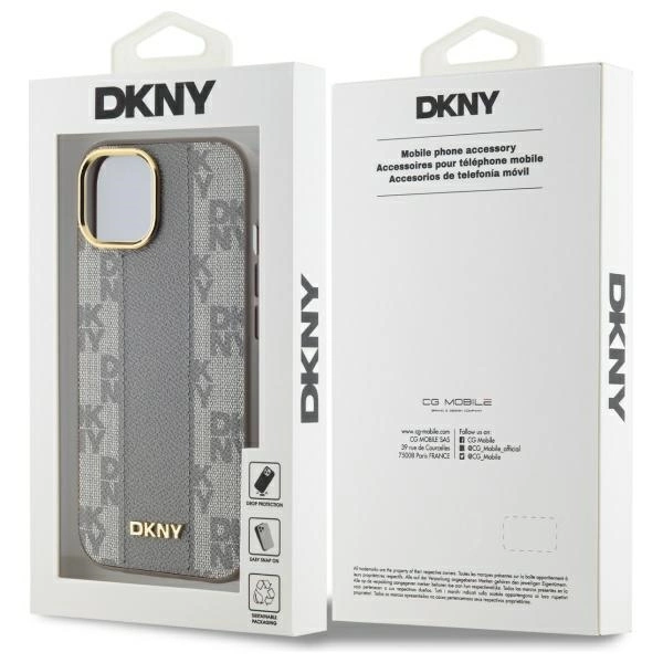 DKNY Leather Checkered Mono Pattern MagSafe iPhone 15 Plus Case - Beigeeng