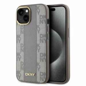 DKNY Leather Checkered Mono Pattern MagSafe iPhone 15 Case - Beigeeng
