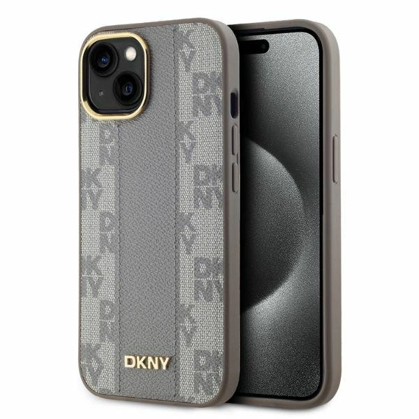 DKNY Leather Checkered Mono Pattern MagSafe iPhone 15 Case - Beigeeng