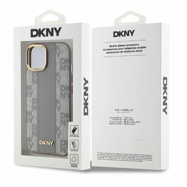 DKNY Leather Checkered Mono Pattern MagSafe iPhone 15 Case - Beigeeng