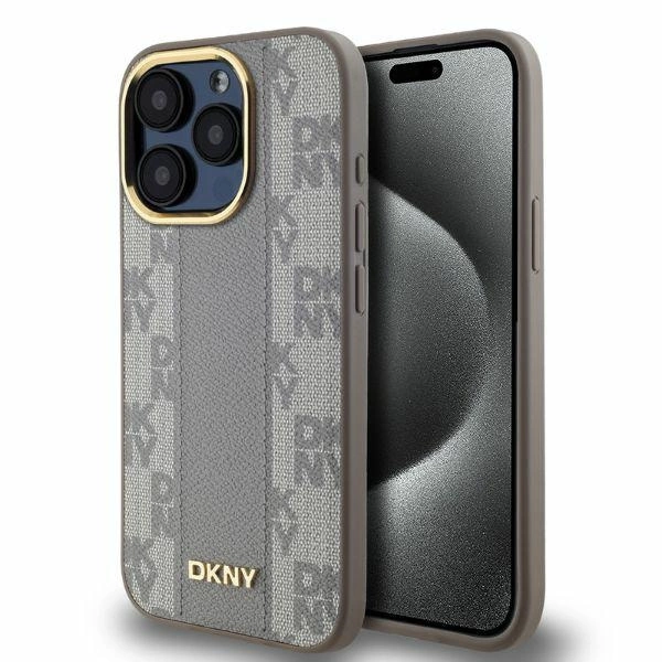 DKNY Leather Checkered Mono Pattern MagSafe iPhone 15 Pro Max Case - Beigeeng