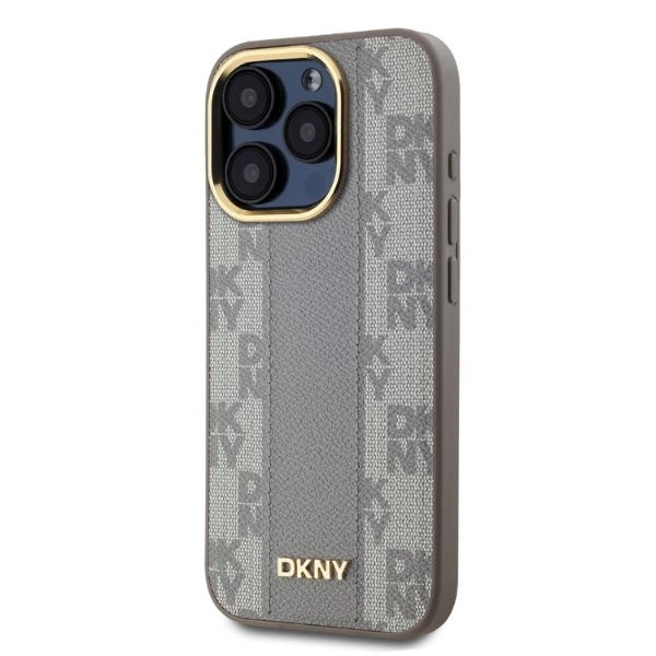 DKNY Leather Checkered Mono Pattern MagSafe iPhone 15 Pro Max Case - Beigeeng