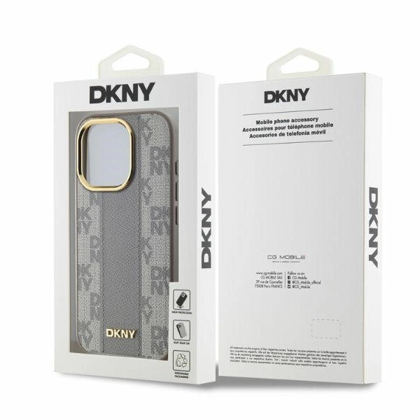 DKNY Leather Checkered Mono Pattern MagSafe iPhone 15 Pro Max Case - Beigeeng