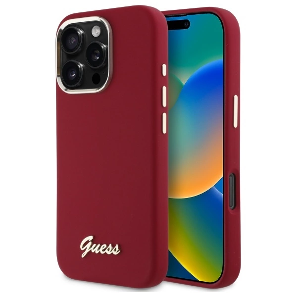 Guess Silicone Script Metal Logo iPhone 16 Pro Max Case - Pinkeng