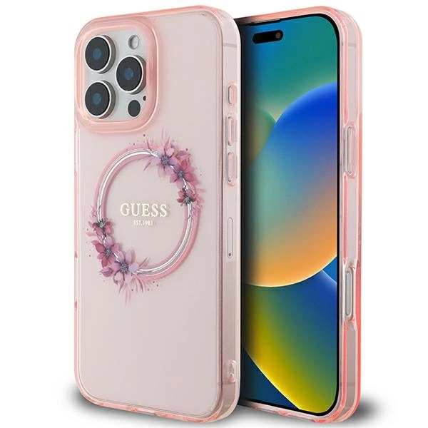 Guess IML Flowers Wreath MagSafe iPhone 16 Pro Max Case - Pinkeng