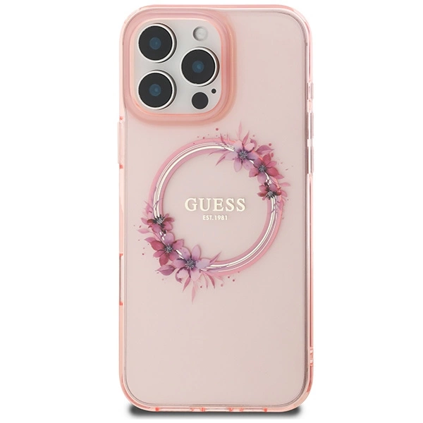 Guess IML Flowers Wreath MagSafe iPhone 16 Pro Max Case - Pinkeng