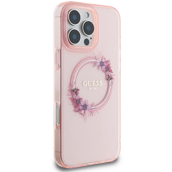 Guess IML Flowers Wreath MagSafe iPhone 16 Pro Max Case - Pinkeng