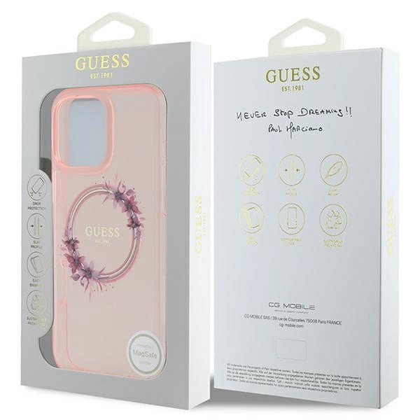 Guess IML Flowers Wreath MagSafe iPhone 16 Pro Max Case - Pinkeng