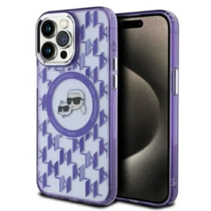 Karl Lagerfeld IML Monogram Karl & Choupette Head MagSafe Case for iPhone 15 Pro Max - Purpleeng