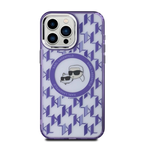 Karl Lagerfeld IML Monogram Karl & Choupette Head MagSafe Case for iPhone 15 Pro Max - Purpleeng
