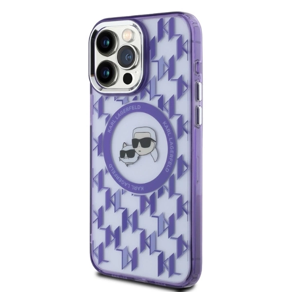 Karl Lagerfeld IML Monogram Karl & Choupette Head MagSafe Case for iPhone 15 Pro Max - Purpleeng