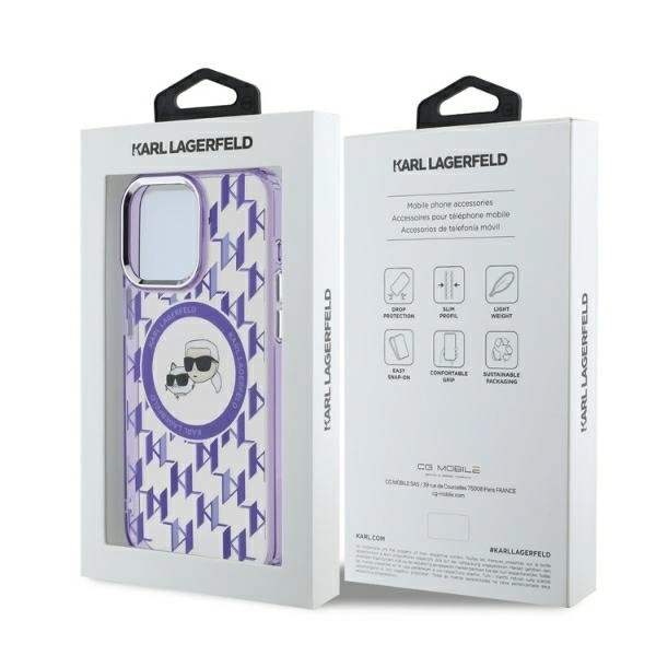 Karl Lagerfeld IML Monogram Karl & Choupette Head MagSafe Case for iPhone 15 Pro Max - Purpleeng