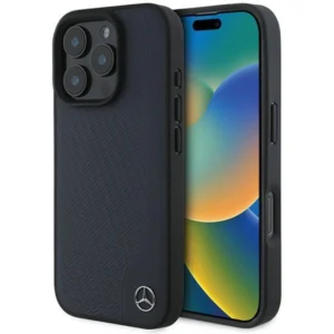 Mercedes MB Wood Imitation Leather MagSafe Case for iPhone 16 Pro Max - Navy Blueeng