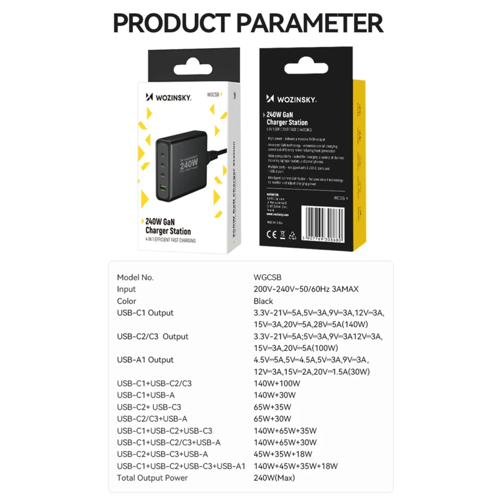 Wozinsky WGCSB 240W GaN wall charger USB-A / 3 x USB-C - blackeng