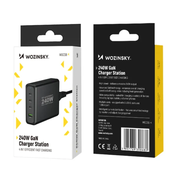 Wozinsky WGCSB 240W GaN wall charger USB-A / 3 x USB-C - blackeng