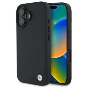 BMW Sign Leather Diamond Metal Logo MagSafe iPhone 16 Case - Blackeng